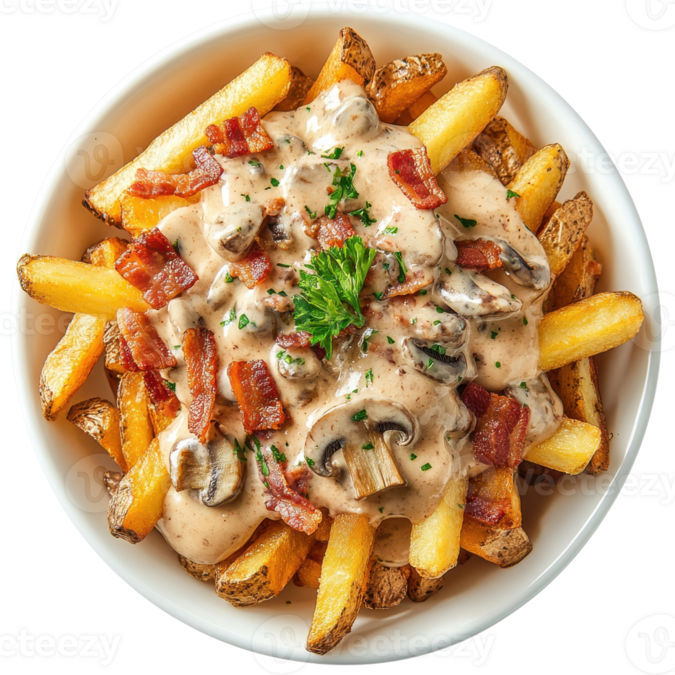 Fries with mushroom sauce on transparent Background png