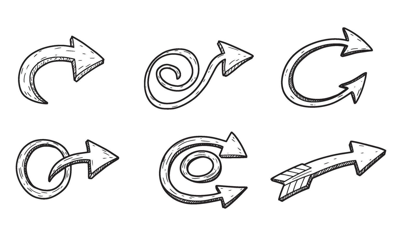 Creative Curved Arrow Bundle Featuring Hand Sketched Loops and Swirling Arrows vector