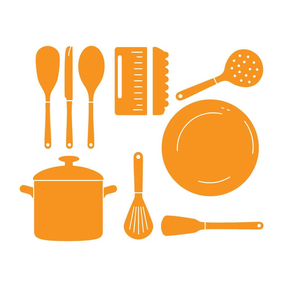 Kitchen Cooking Tools Set with Whisks Pans Spoons and Knives for Food Design vector