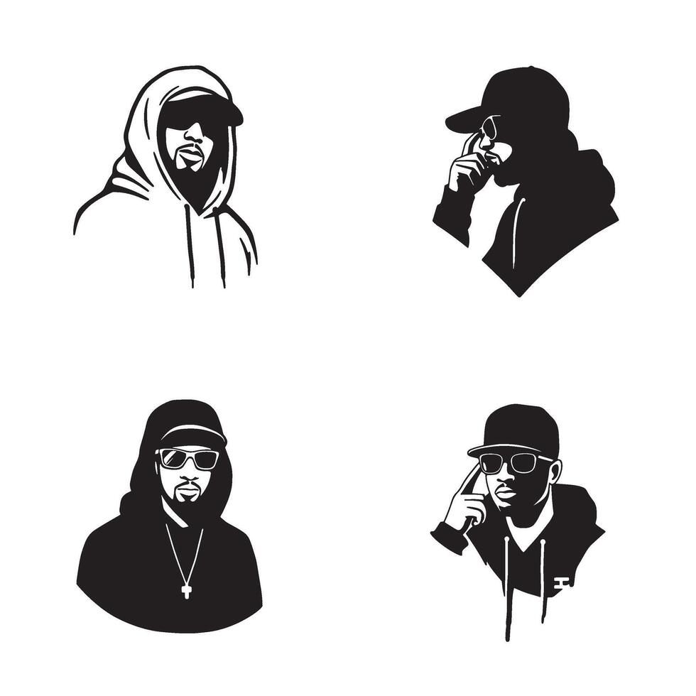 Graphic Hooded Rap Icon matched with Urban Rap Style Set and gangsta attitude vector