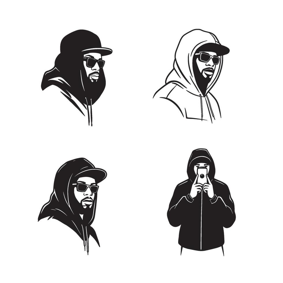Urban Rap Style Set characters with intense Hooded Rap Icon and crew expressions vector