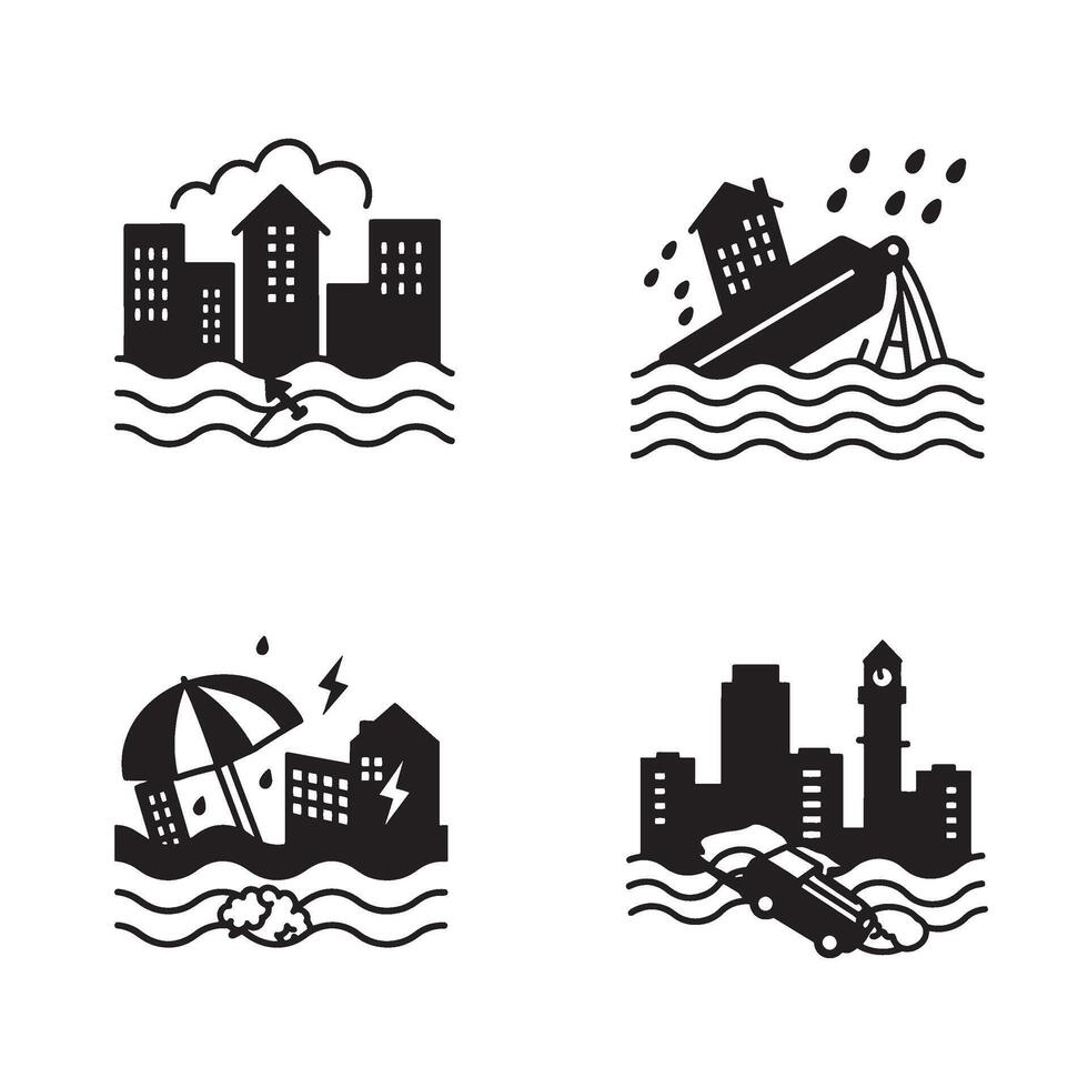 Stormy City Elements set featuring dramatic skyline silhouettes and rain clouds vector