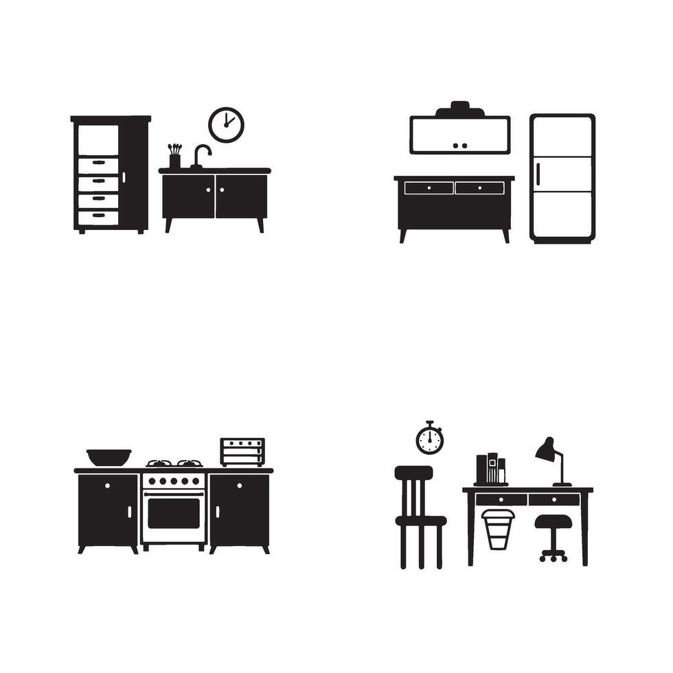Clean Workspace Elements including modern home desks chairs and decor pieces vector