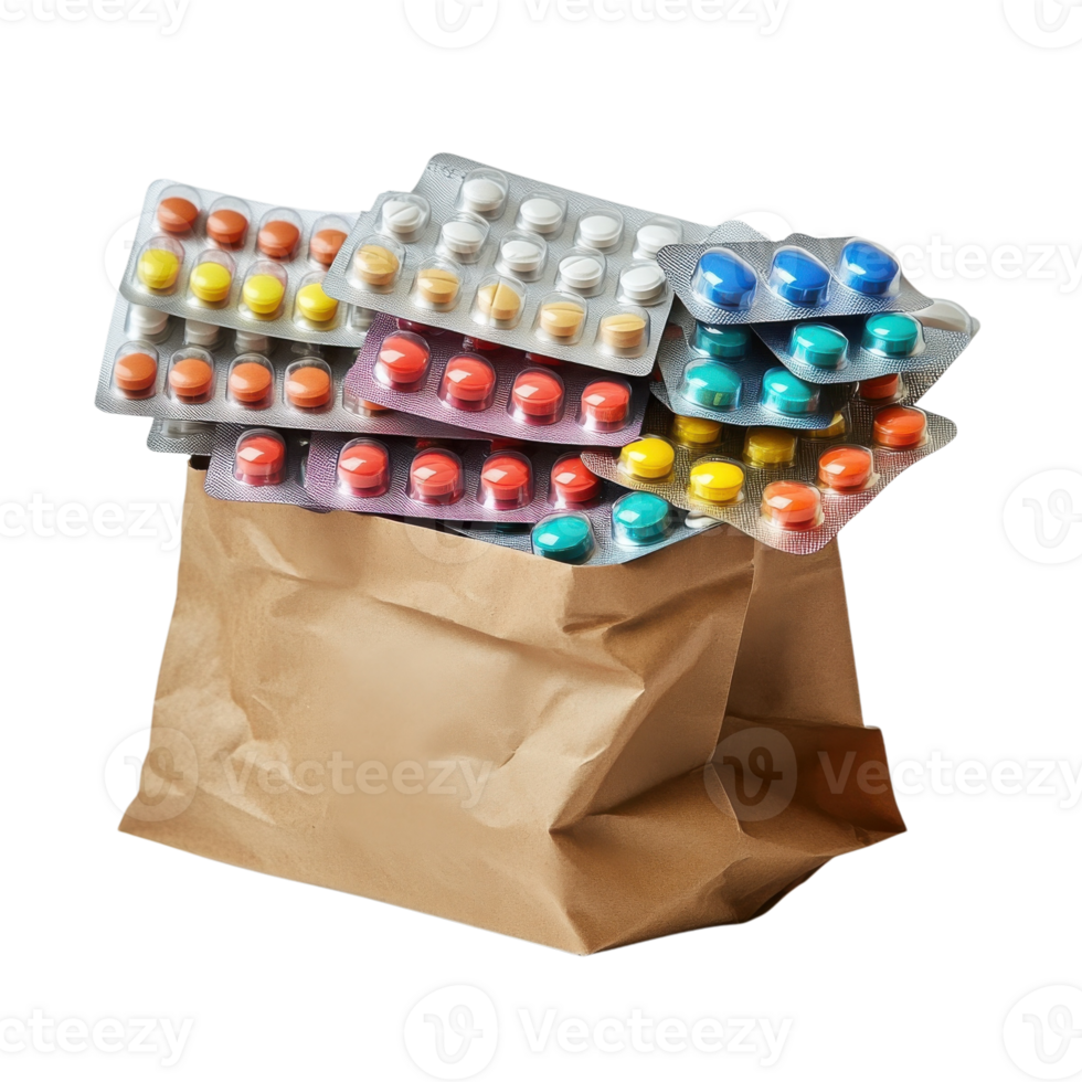 Pills in a paper bag on transparent background png