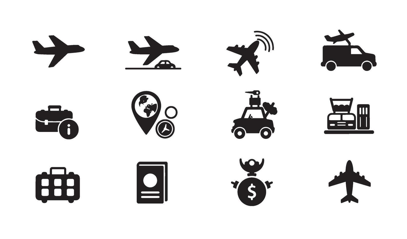 Travel Transport Icon Pack featuring bold airplane train and bus symbols vector