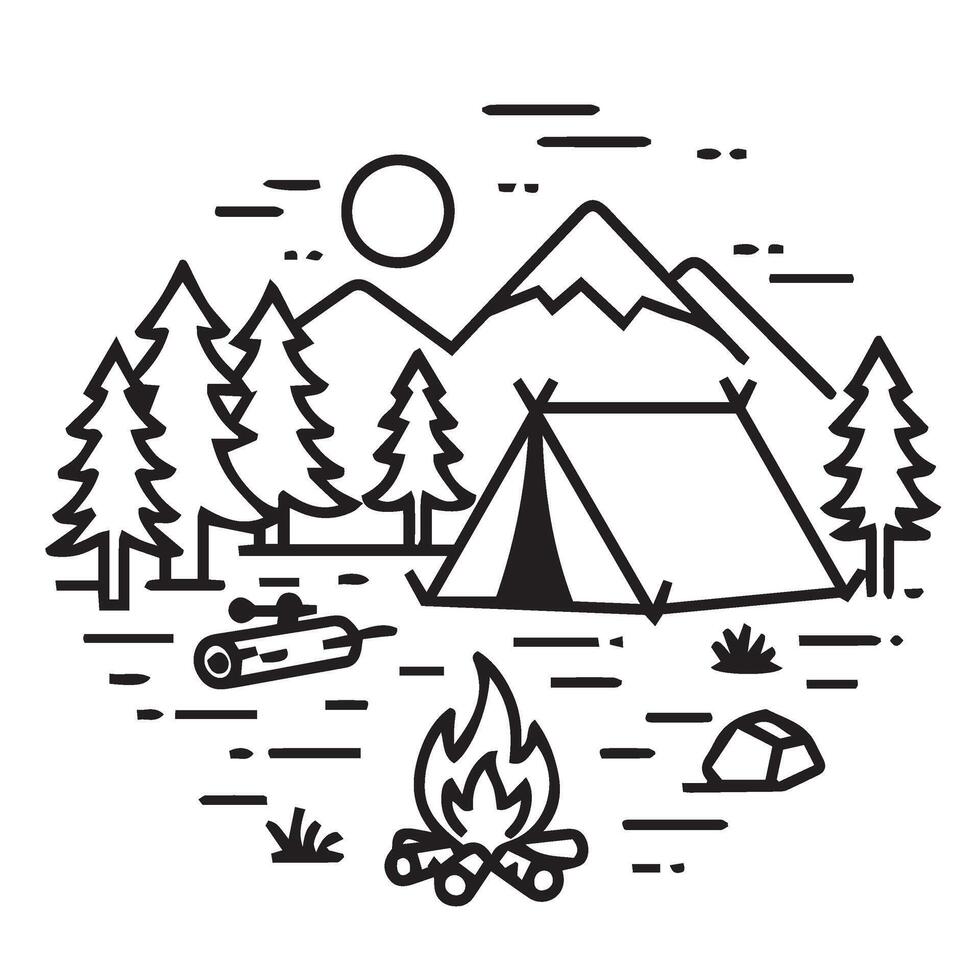 Minimalist Camping Design with Forest Tent and Twilight Atmosphere vector