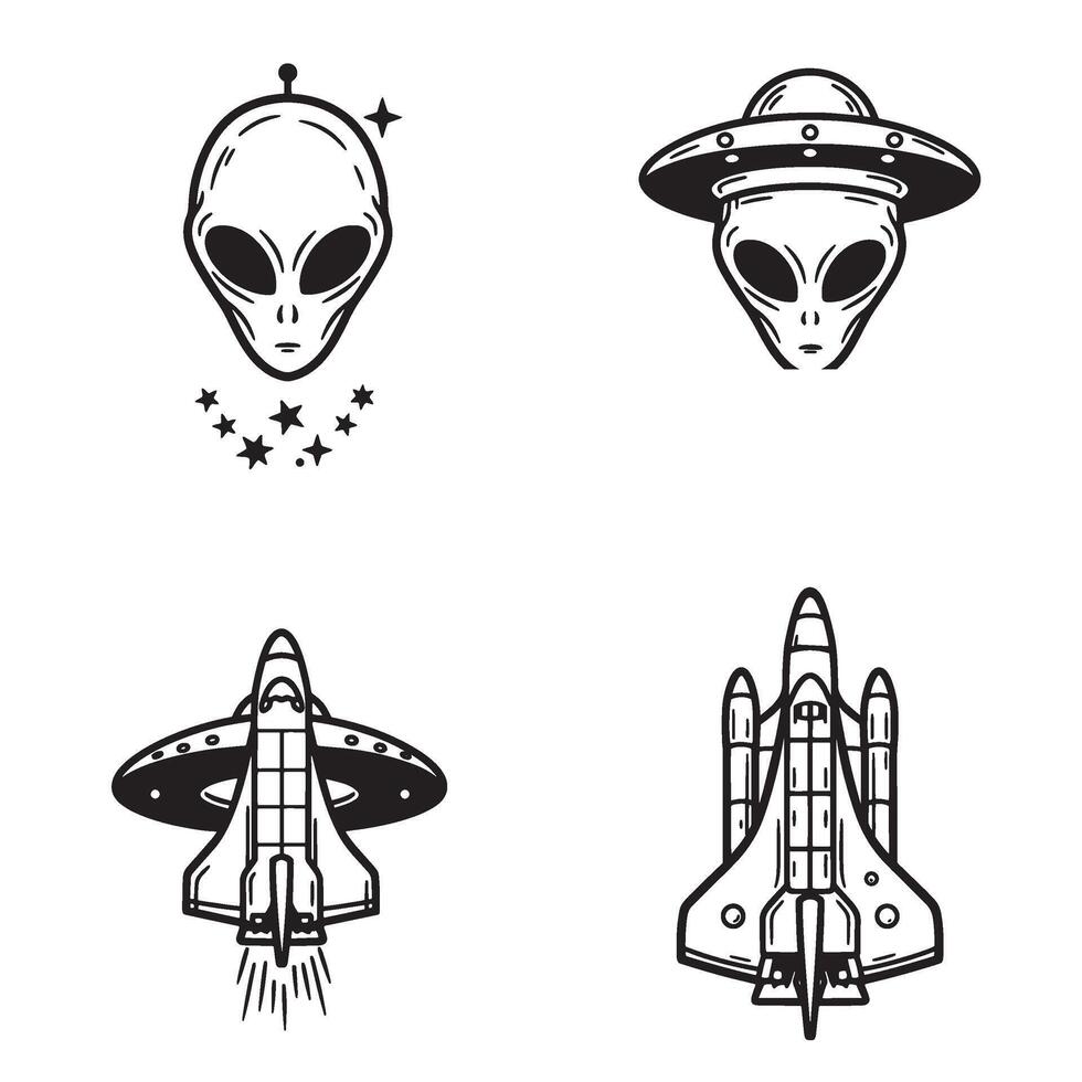 Alien Spaceship Design with Retro Rocket Ship Artwork and Moon Rocket Drawing vector