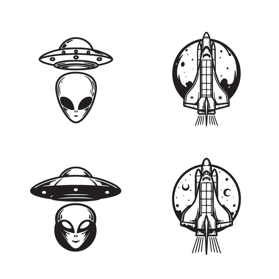 Rocket Ship Artwork in SciFi Style with Alien Spaceship Design and Moon Drawing vector