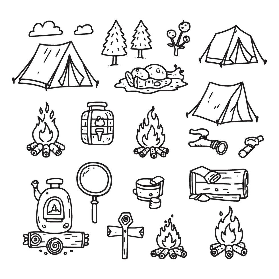 Outdoor Tent Setup Under Twilight Sky with Soft Firelight Glow vector