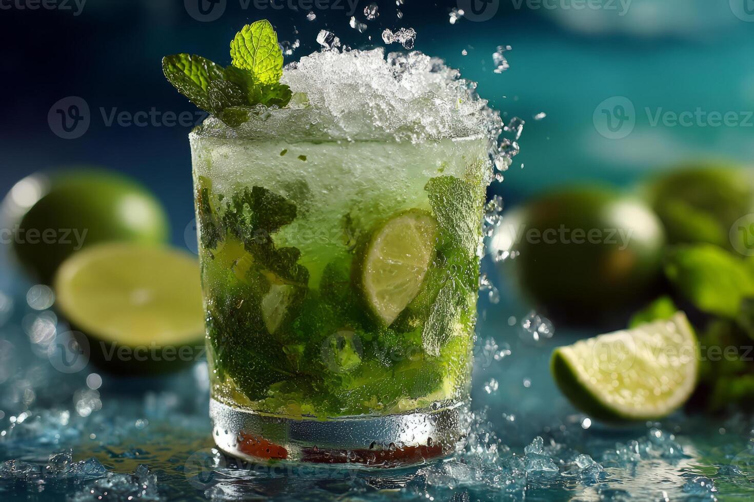 Mojito cocktail with lime, mint and crushed ice photo