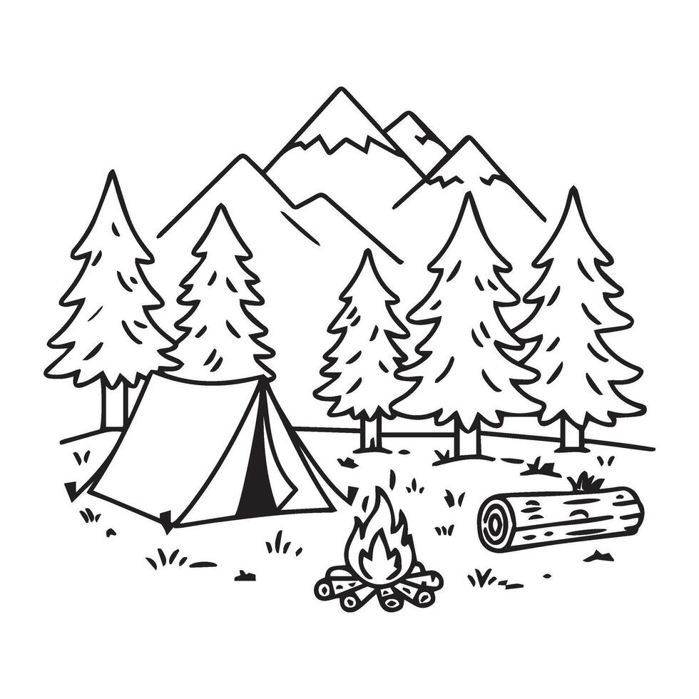 Outdoor Campfire Scene with Relaxing Tent Setup in Woodlands vector