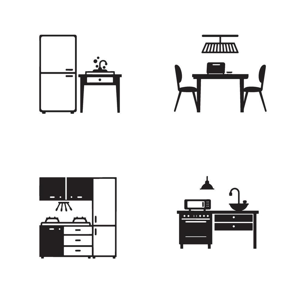 Kitchen Icons Bundle with compact modular cooking station design silhouettes vector