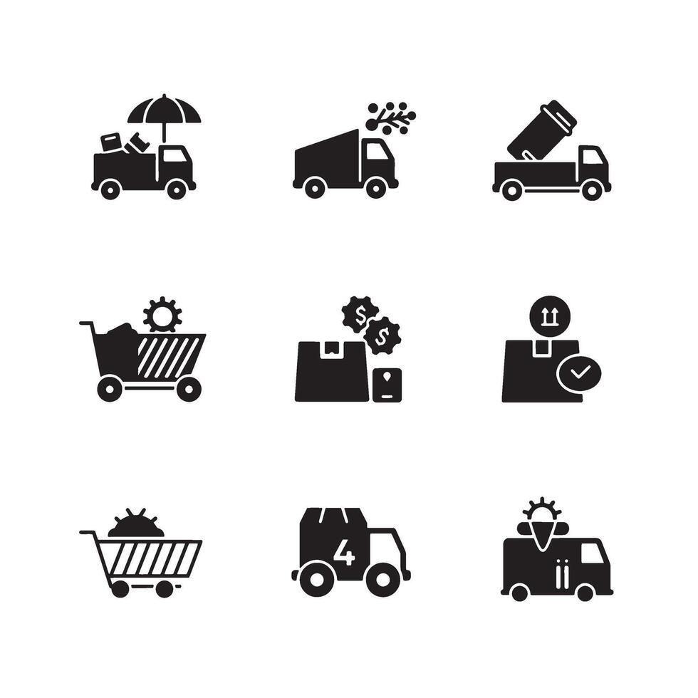 Complete Black Cart Delivery Icon Set with E Shop and Goods Symbols vector