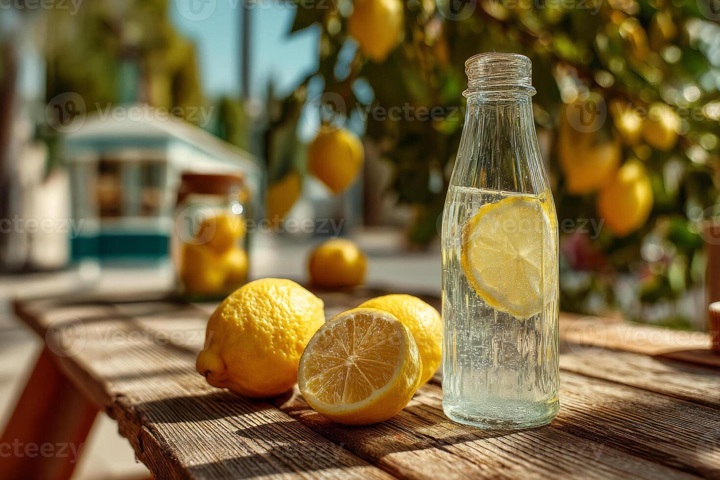 Glass bottle with lemonade and lemon slices photo