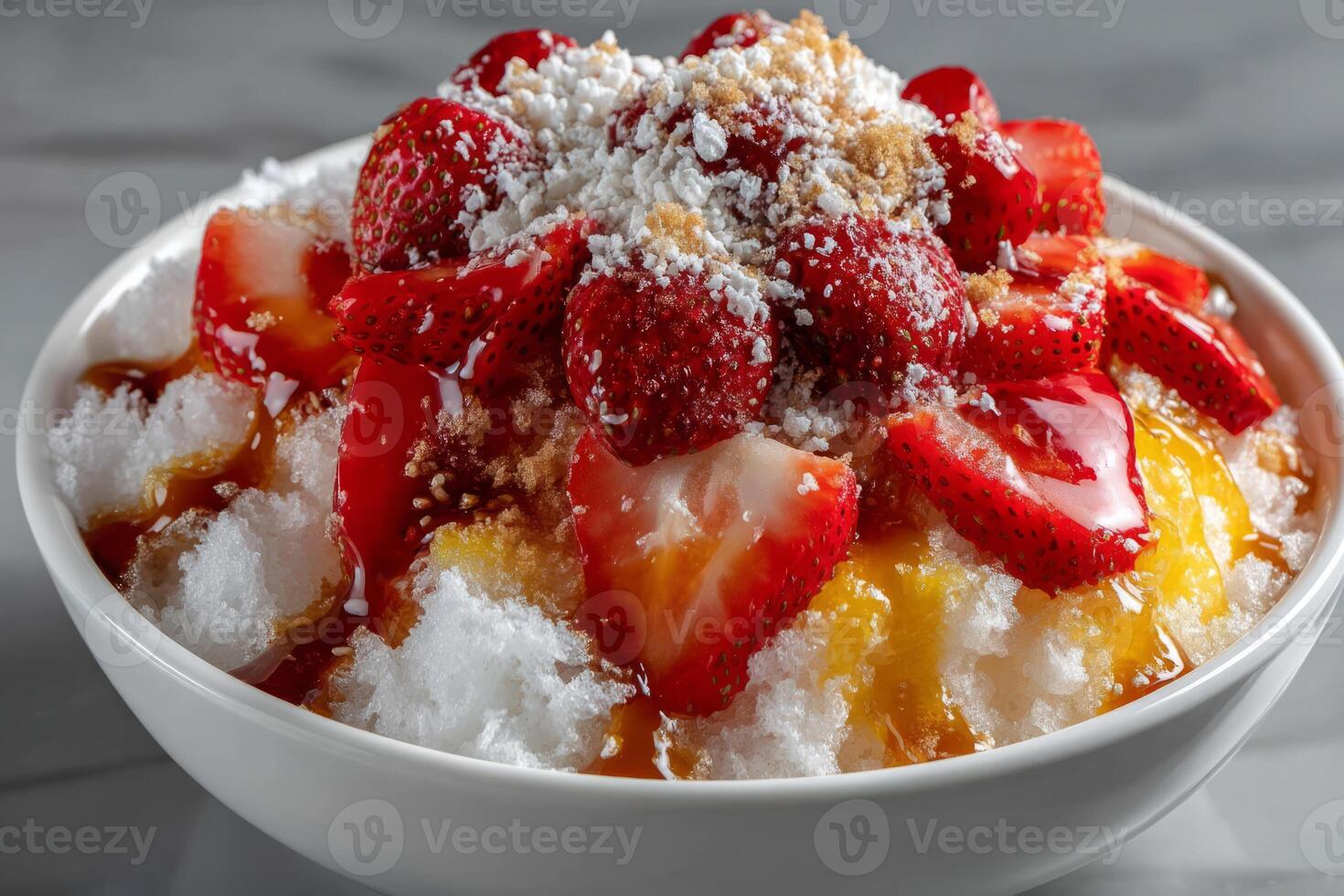 Bingsu dessert with shaved ice and syrup in bowl photo