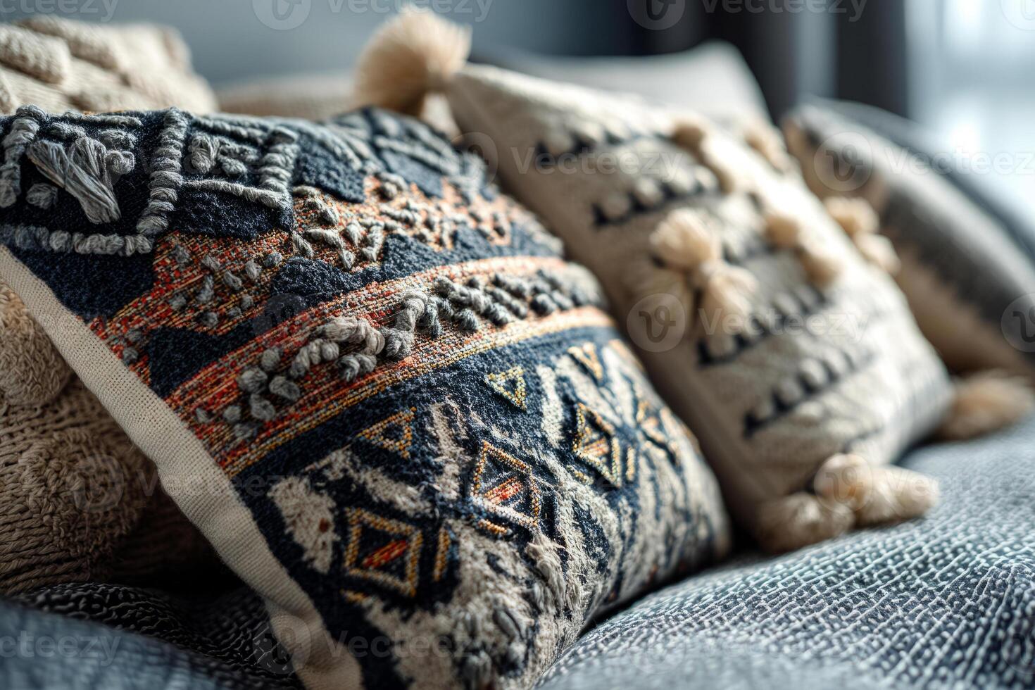 Textured pillows on cozy bed photo