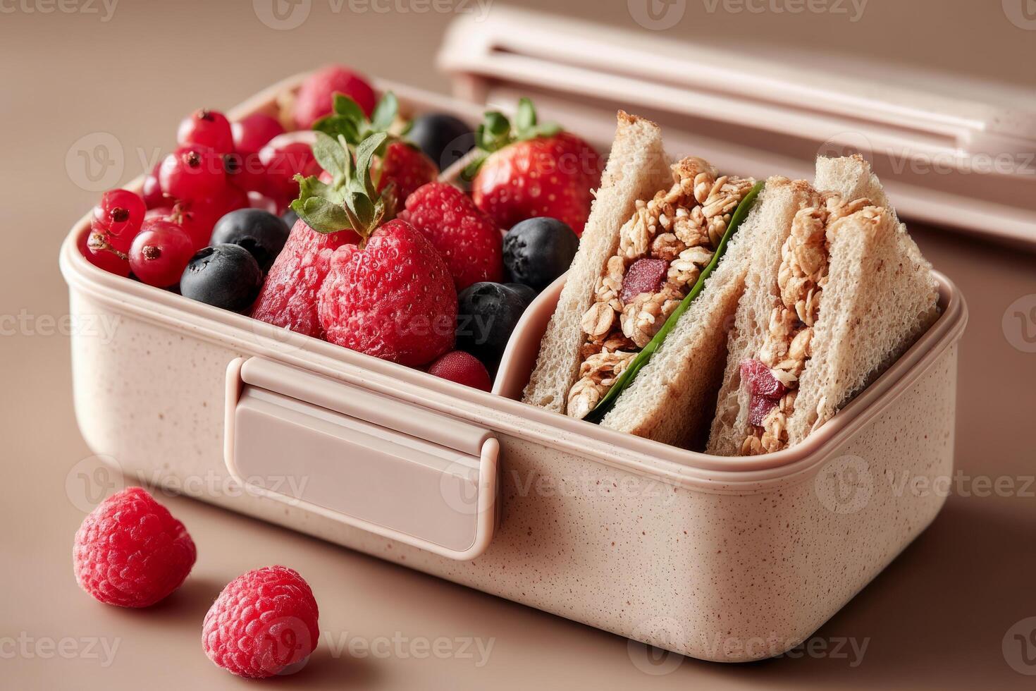Lunchbox with strawberries, raspberries and sandwich photo