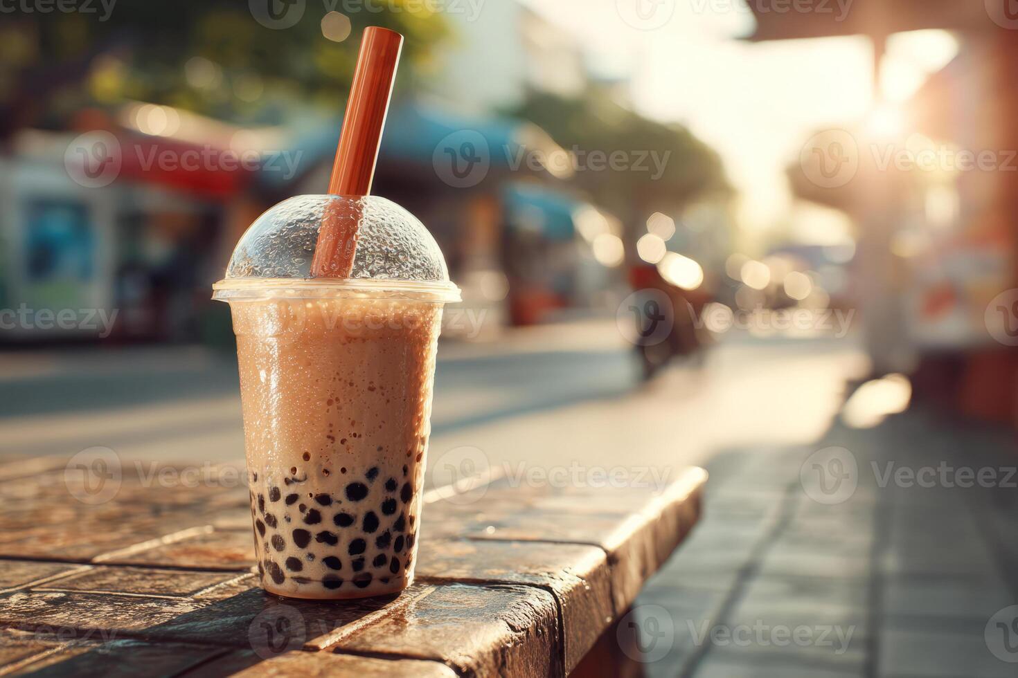 Mango bubble tea with tapioca pearls in plastic cup outdoors photo