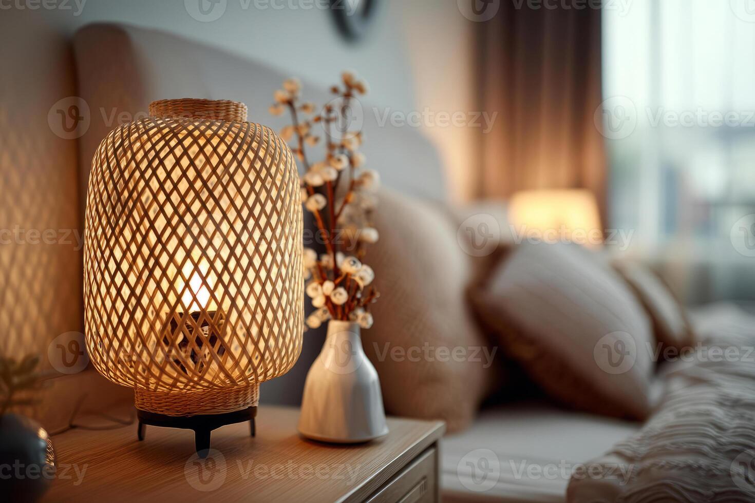 Rattan table lamp glowing on nightstand in cozy bedroom photo