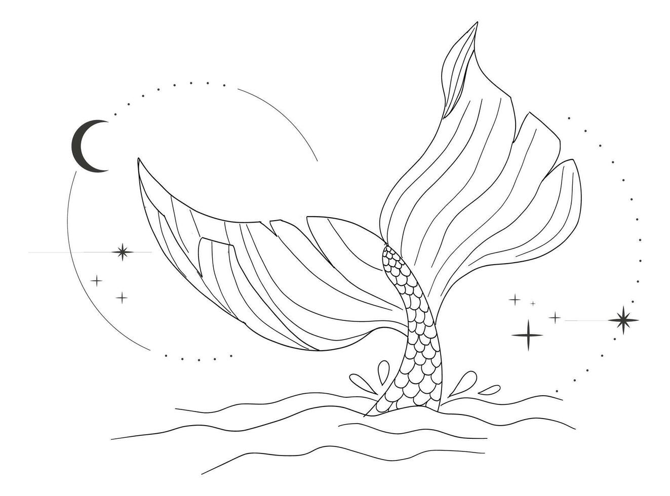 Whale tail with water splash circles stars and moon line sketch minimal geometric tattoo. Mermaid or ocean mammal with waves vintage. vector