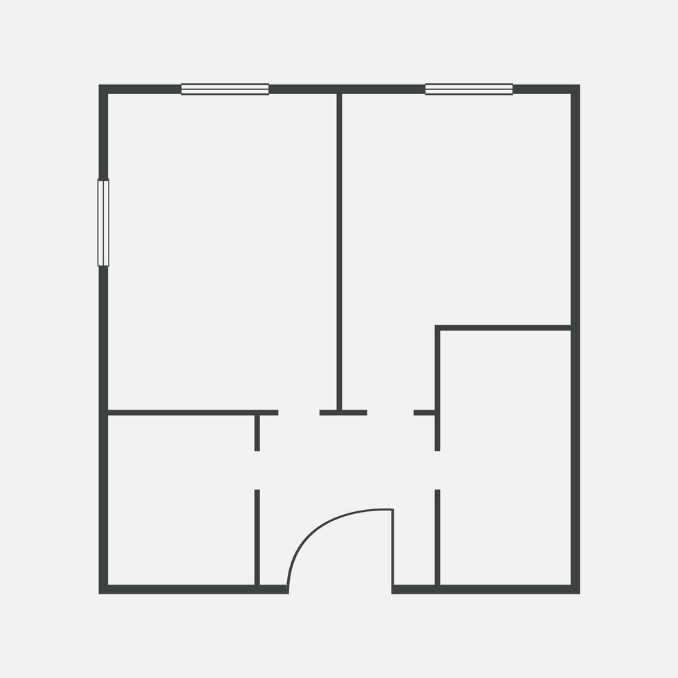 Floorplan simple icon room flat apartment line drawing, floor plan project, symbol. Technical architecture draw. Structure shape, build layout with doors and windows. vector