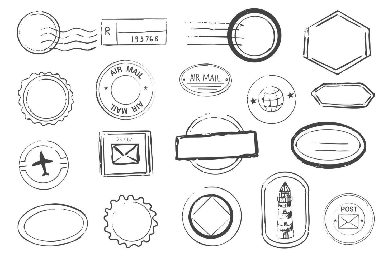 Post stamp air mail postage rubber vintage frame, seal. Line retro textured blank postmark border template. Grunge circle airmail print, design element. vector