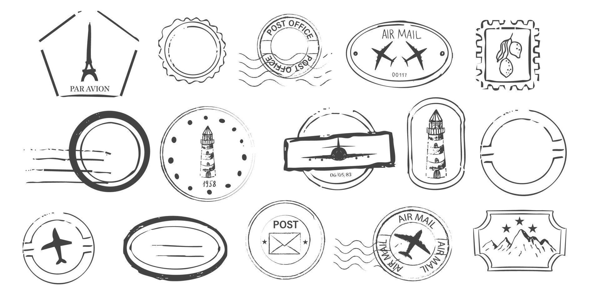 Air mail stamp retro vintage postage sign. Post stamp with plane icon, border template, rubber wavy frame for envelope. Postmark seal design element. vector