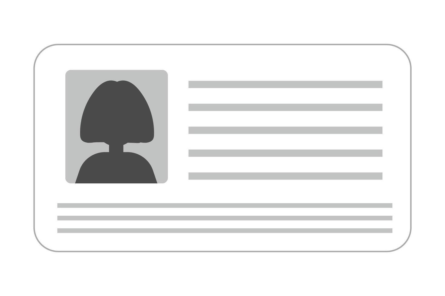 Id card identification female badge simple icon. Driver license, verify woman document. Biometric membership passport. Flat card with information. vector