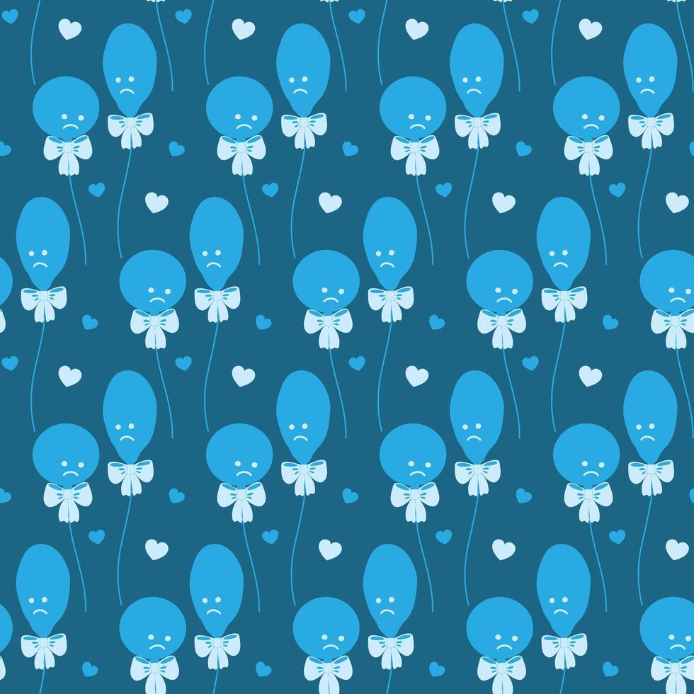 Blue Balloons with tied ribbon bow and decorative hearts Monochrome blue Seamless Pattern Sad Mood. Isolated illustration Blue Monday Event or Party invite Backdrop Print material, leaflet fond vector