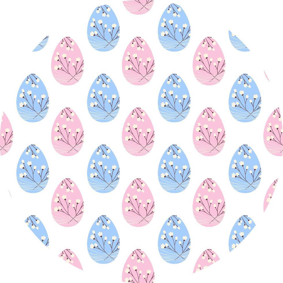 Easter eggs decorated Blossom twigs Seamless Pattern on Circle Transparent Backdrop Easter greeting. Isolated illustration Greeting Thematic Cards, posting or promo banner, leaflet, price tag vector