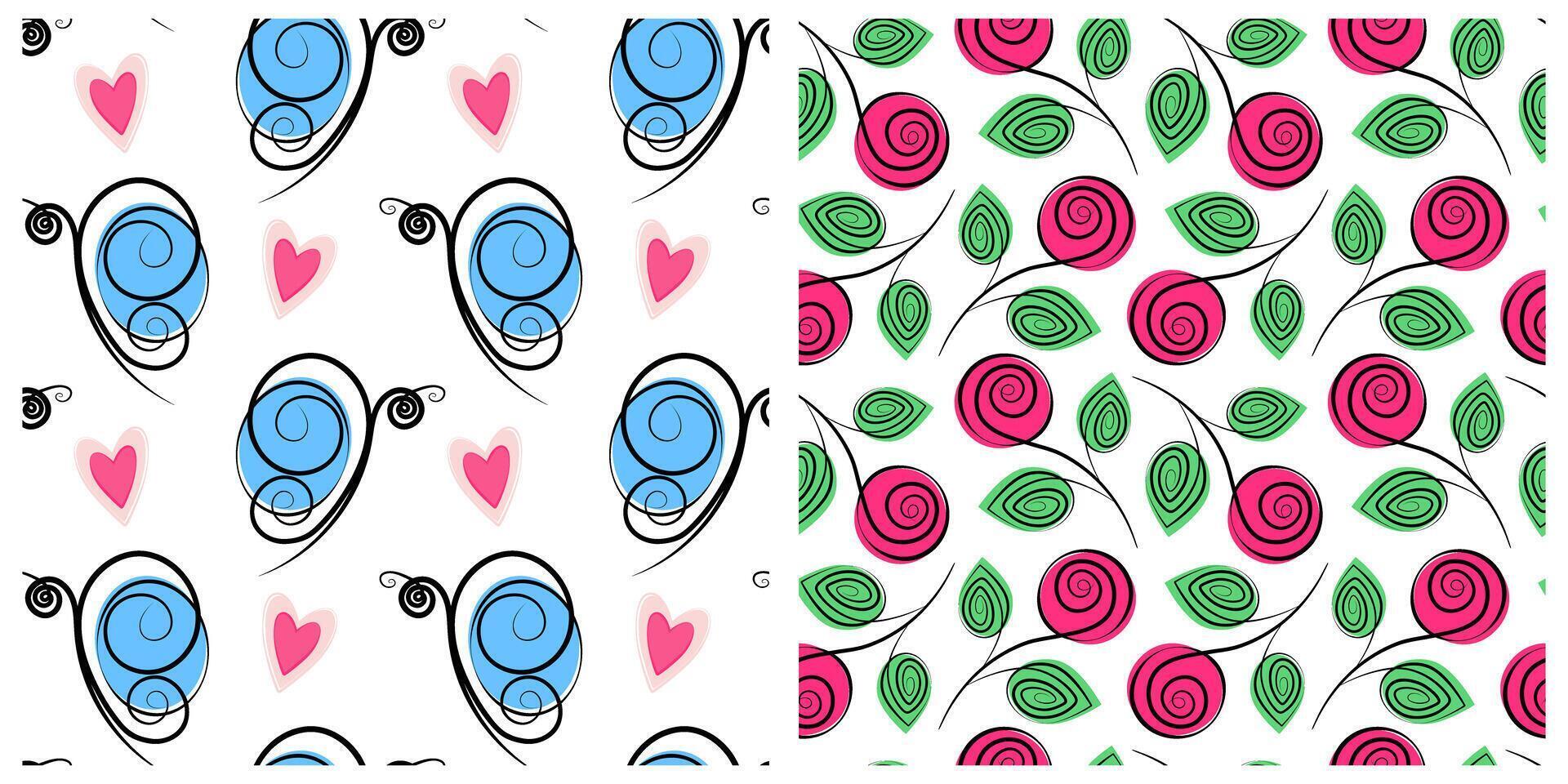 Butterflies, decorative Hearts and Roses on steam with leaves Seamless Patterns Summertime Fond Set. Isolated illustration Wallpaper Wrapping Background or promo banner, thematic cards, leaflet vector