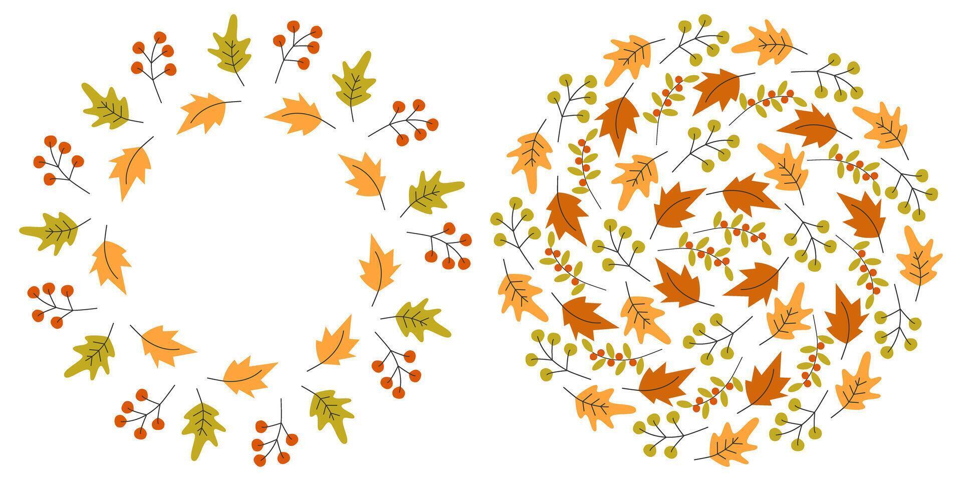 Autumn Leaves and Berries Decorative Frame border and Cercle Backdrop seasonal Copy space Template. Set Isolated illustration Thematic cards, posting, blog or web promo banner, leaflets, price vector