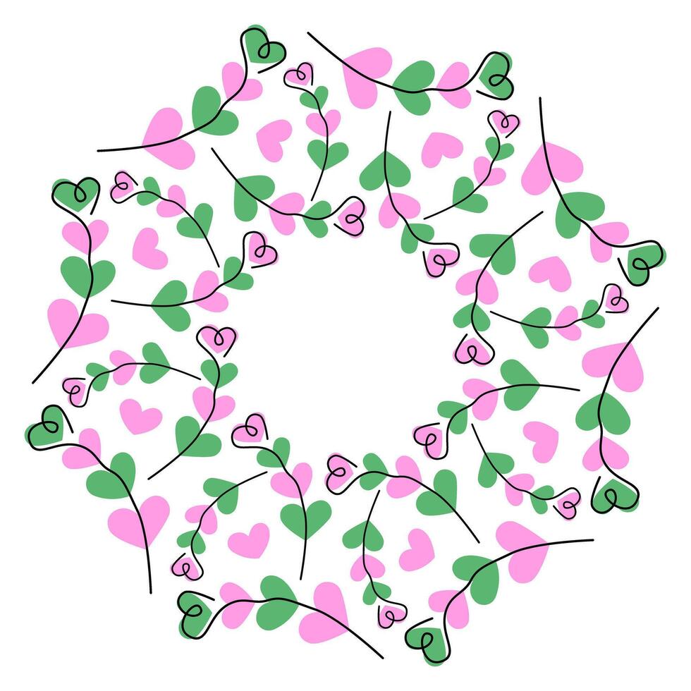 Freehand Heart Shaped Branches on Multicolored Heart Shaped spots Circular Frame Copy space Template. Isolated Illustration Thematic Greeting Cards Party Invite Backdrop Poster, leaflet, banner vector