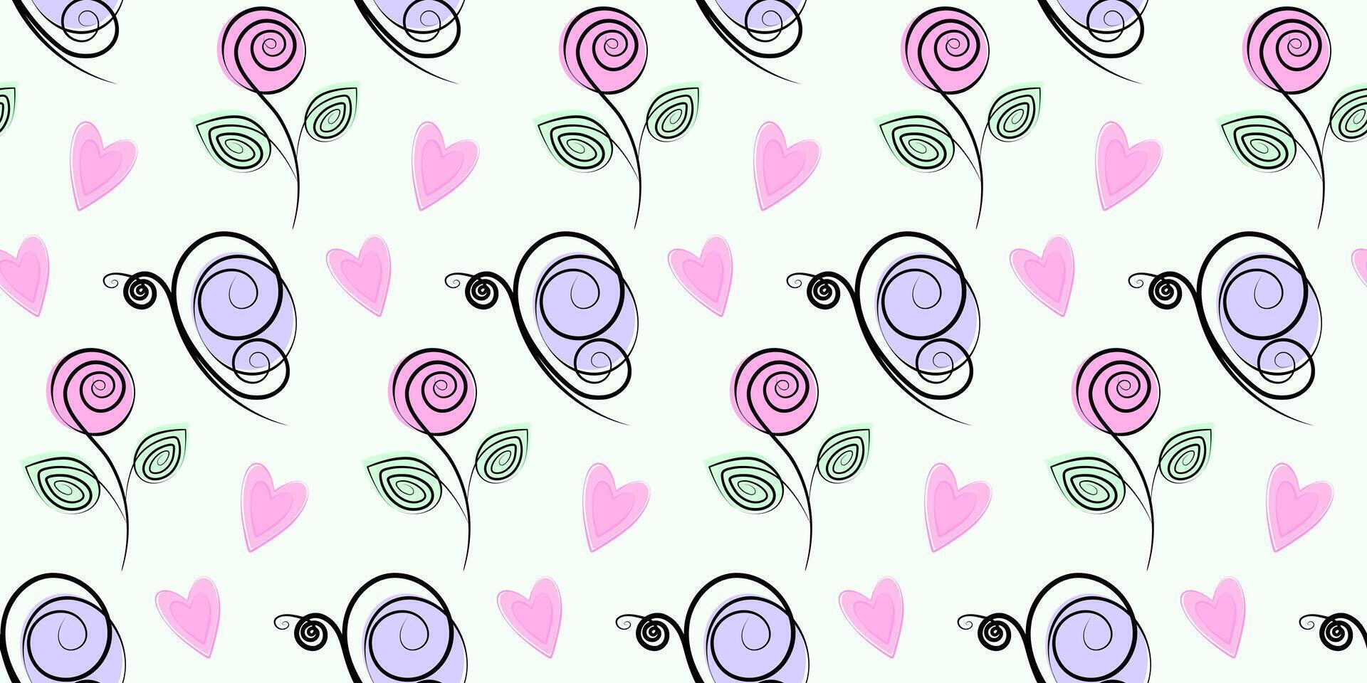 Hand drawn Stylized Butterflies, Rose on stem and Decorative hearts Seamless Pattern Pink and Purple. Isolated design Thematic cards Wallpaper or web promo banner, leaflets, greeting, promo vector