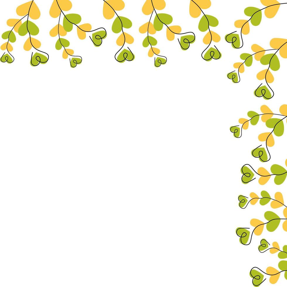 Freehand Heart Shapes Twigs on heart shaped spots green and yellow Corner Frame Copy space Template. Isolated design Thematic Cards, poster or web promo banner, leaflets, price, labels, invite vector