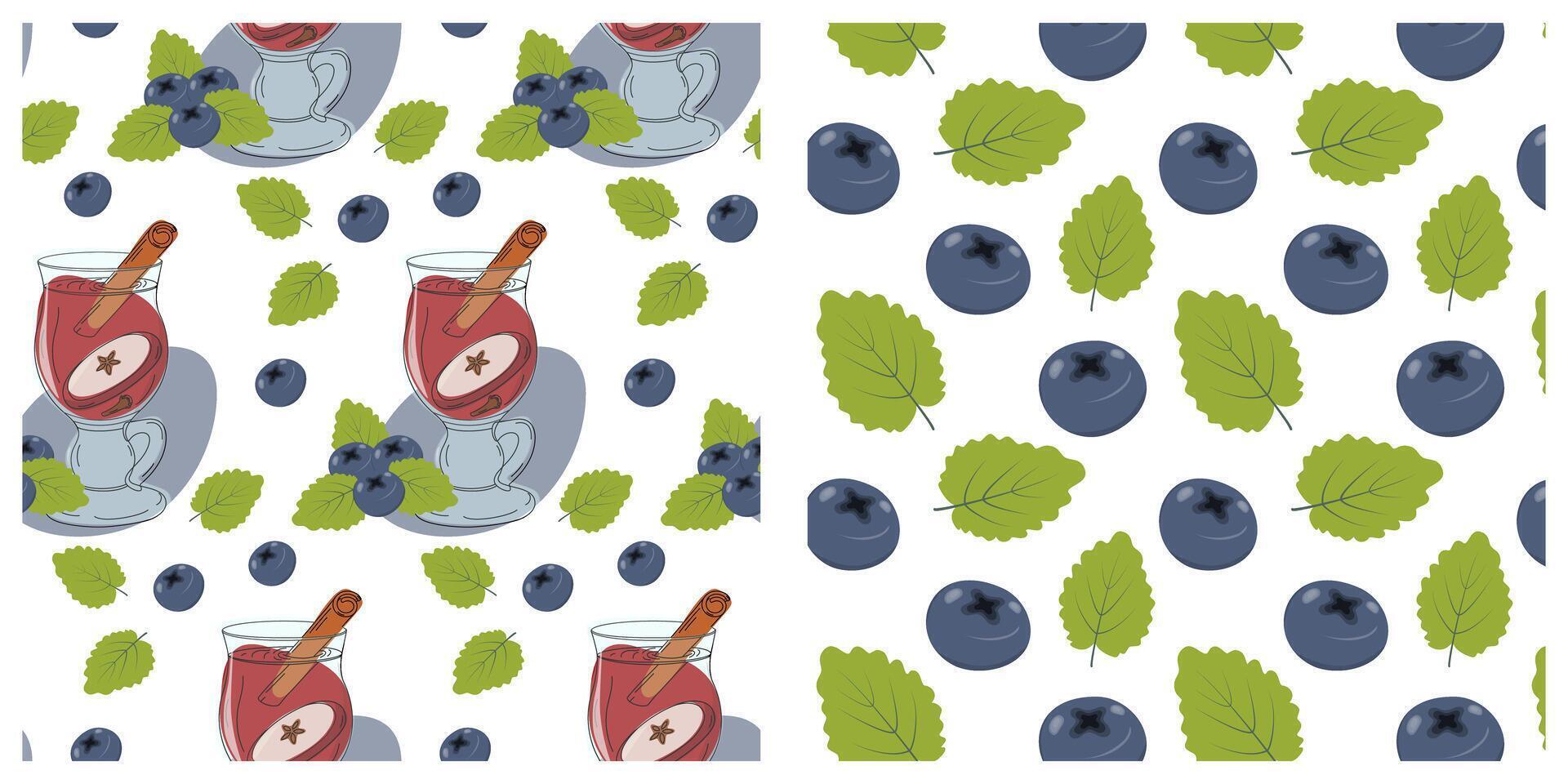 Cinnamon stick in mulled wine Glass cup and Blueberries and Mint Leaves Summer Seamless Patterns Set. Isolated illustration Seasonal background texture Thematic cards, fruits labels, promo tag vector