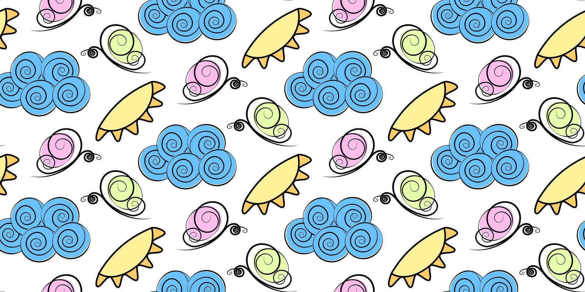 Colorful Butterflies Clouds and Sun Seamless Pattern banner format Summer Wallpaper Background idea. Isolated illustration Greeting Thematic Cards, wrapping or web promo banner, poster, leaflet vector