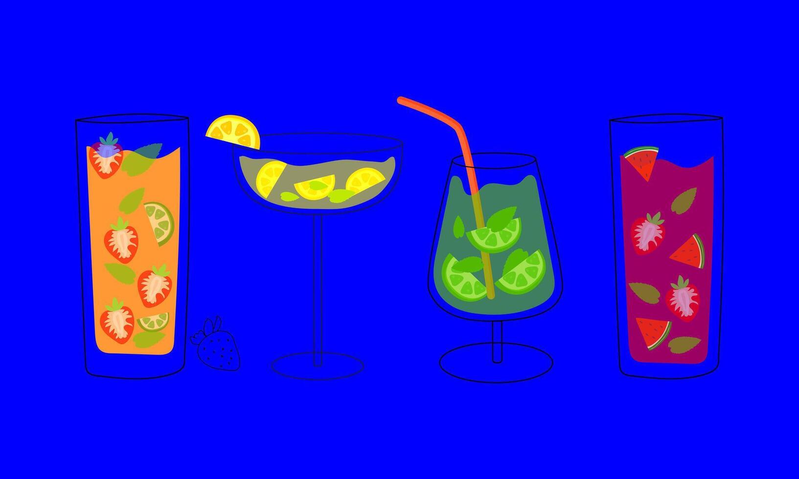 A collection of summer drinks on a blue background.A cocktail set. vector