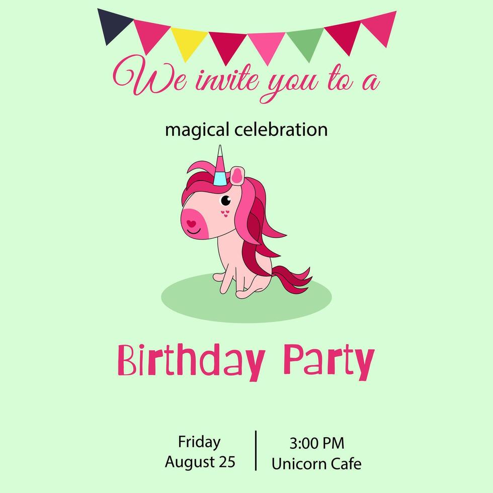 Birthday invitation card with a cute bright unicorn on a light background vector