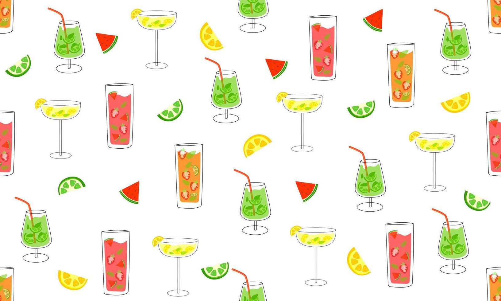 A pattern of summer drinks and cocktails on a white background.Elements for printing,wallpapers,fabrics,banners. vector