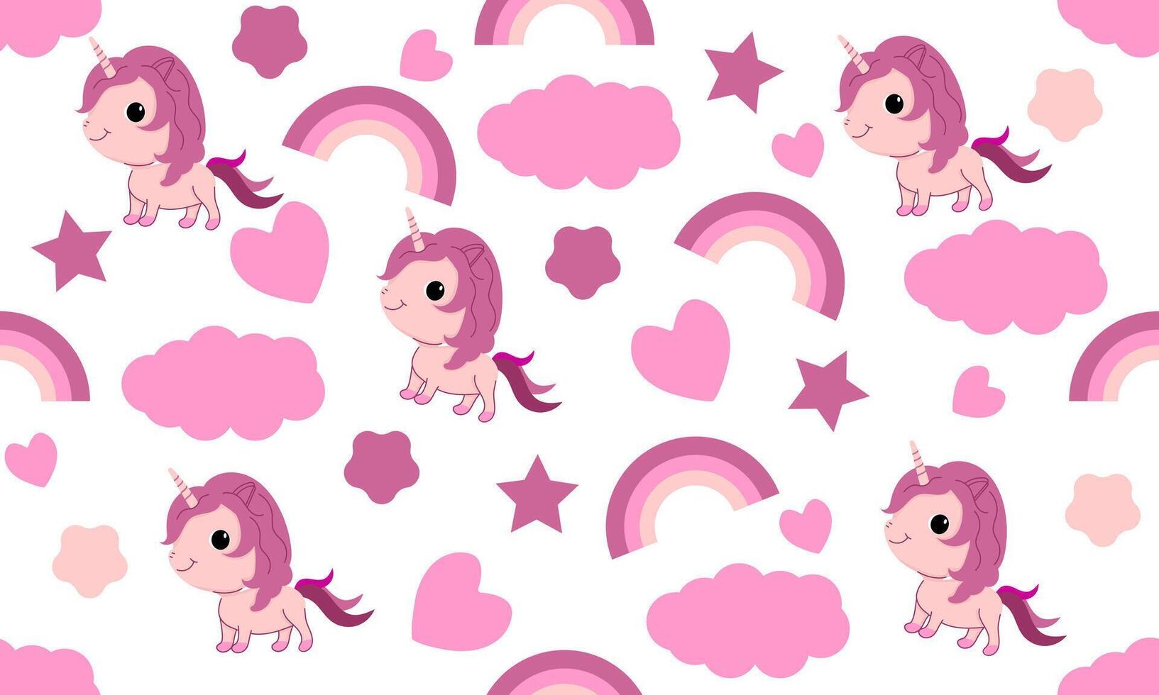A pattern with a cute unicorn, a rainbow, a heart, a cloud and a star on a white background. vector