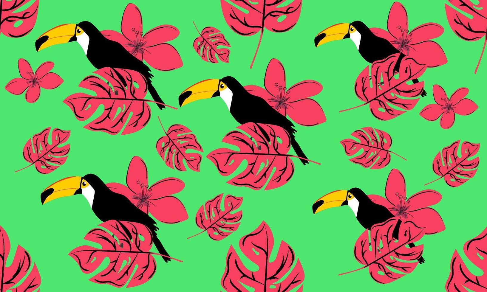 Tropical pattern with cute toucan, monstera leaf and flower on green background vector