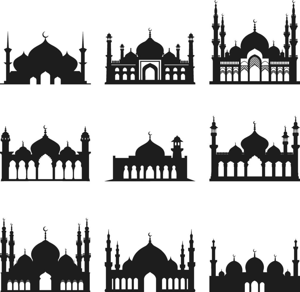 Set of Islamic Mosque Silhouette Vectors - Elegant Minarets and Domes for Religious and Cultural Design
