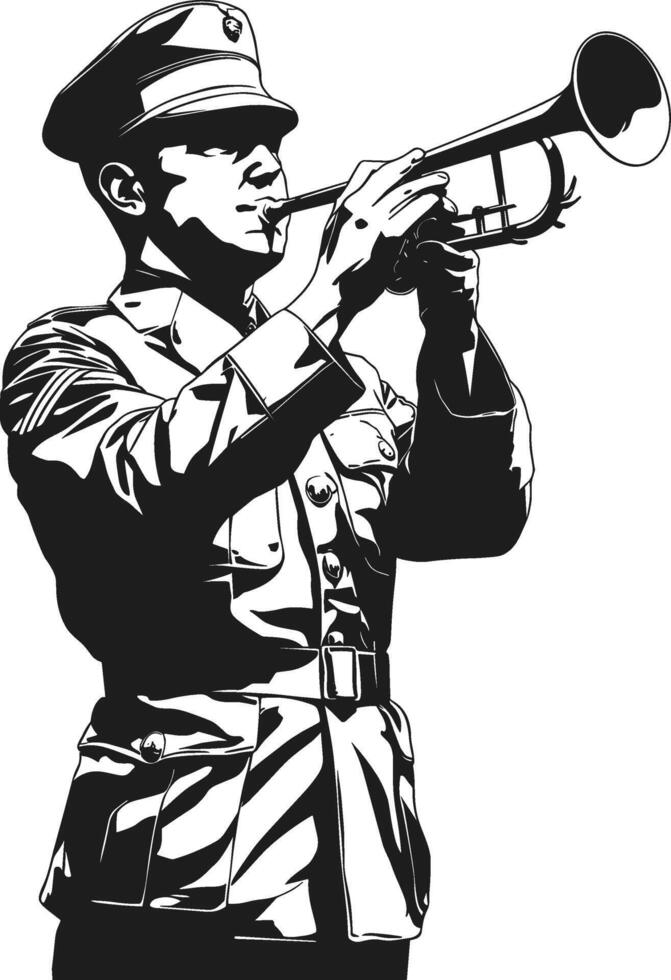 Realistic Military Bugler Silhouette - Trumpet Player in Detailed Uniform Art vector