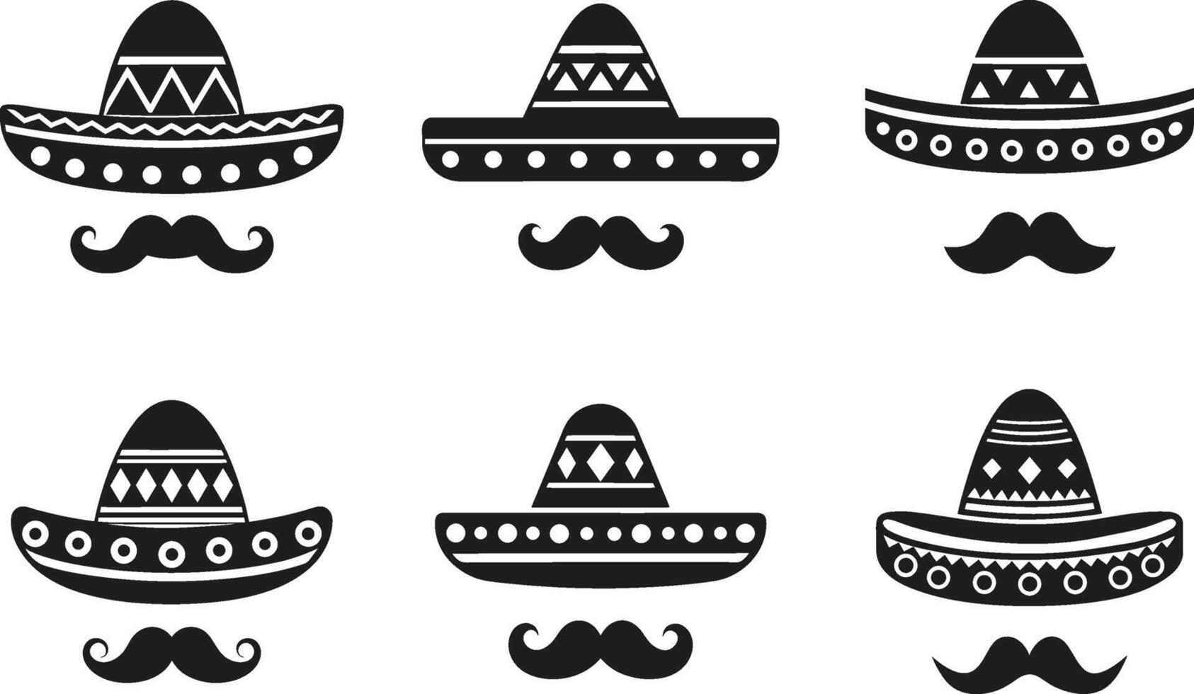 Mexican Sombrero and Mustache Silhouette Set - Traditional Fiesta Icons vector
