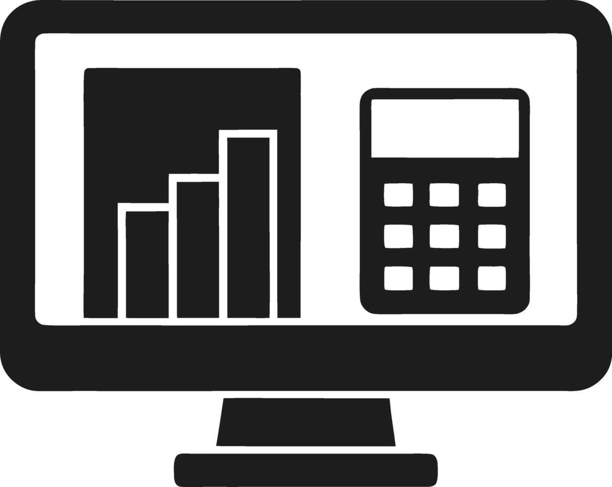 Silhouette of Monitor with Bar Chart and Calculator - Financial Dashboard Icon vector