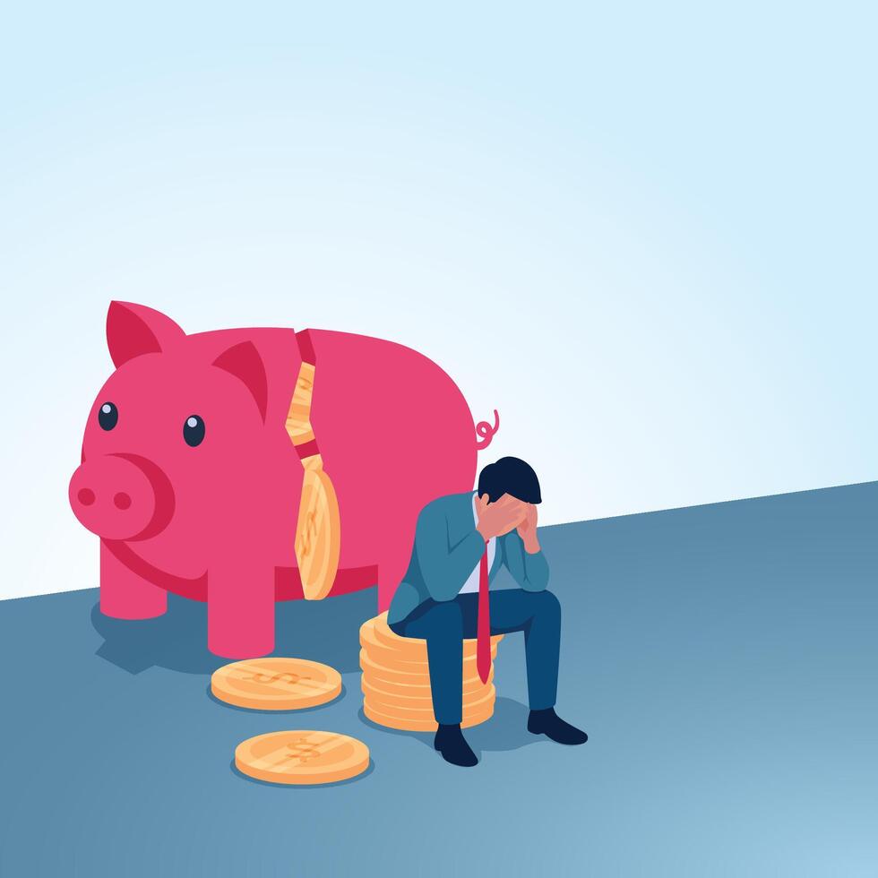 A man sits dejectedly next to a broken piggy bank. A metaphorical illustration for financial crisis, losses and inflation. vector