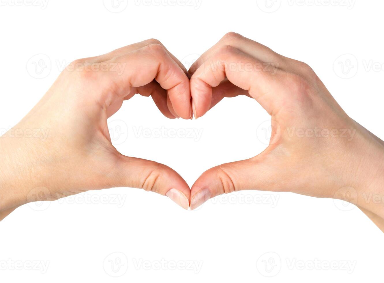 The woman's hands show a sign in the shape of a heart isolated on a white background. Close-up. photo