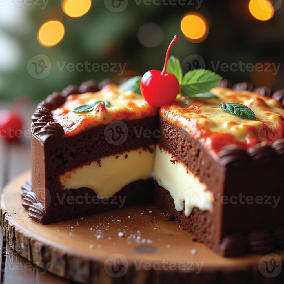 image of a chocolate birthday cake with its shape partially cut photo