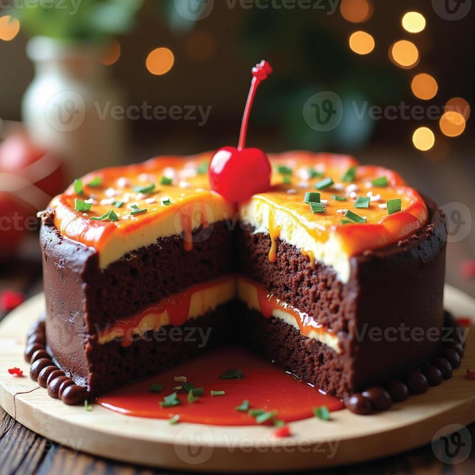 image of a chocolate birthday cake with its shape partially cut and its delicious insides exposed photo